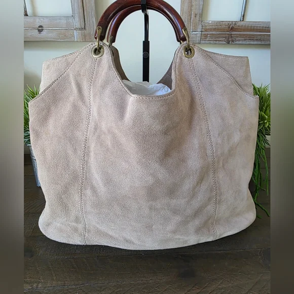 Banana Republic Suede HOBO Bag With Wooden Handles - Picture 6 of 14